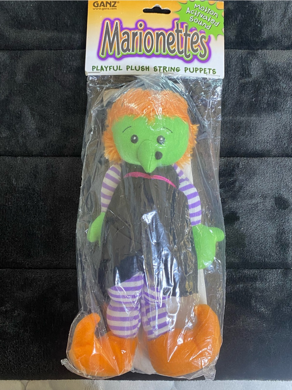 GANZ Green Witch Marionette Plush Puppet with Orange Hair and Purple Stripes